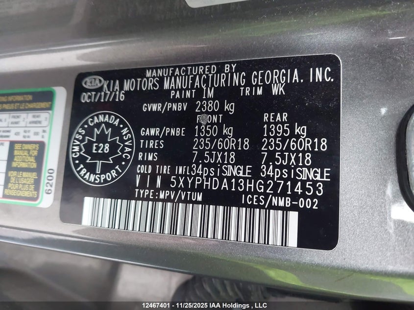 2017 Kia Sorento Ex VIN: 5XYPHDA13HG271453 Lot: 12467401