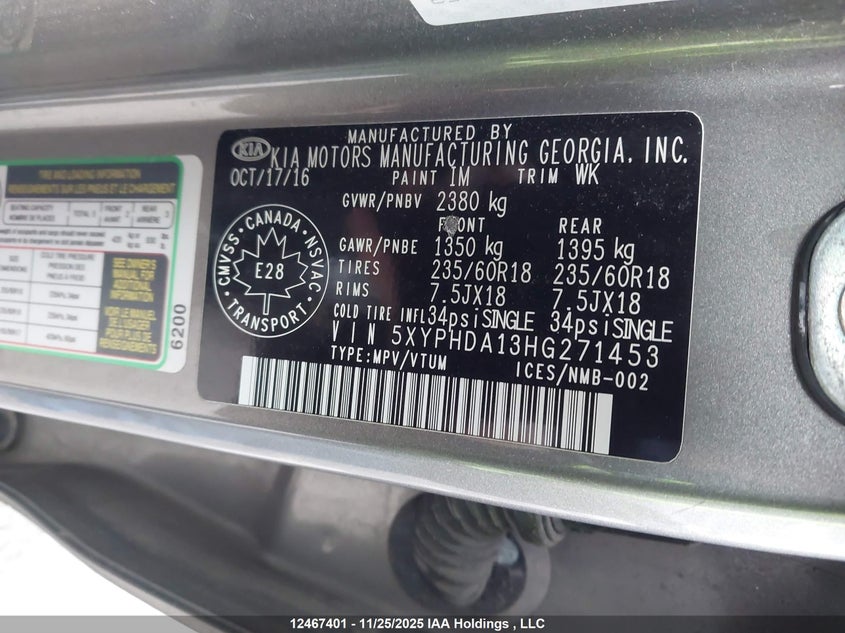 2017 Kia Sorento Ex VIN: 5XYPHDA13HG271453 Lot: 12467401