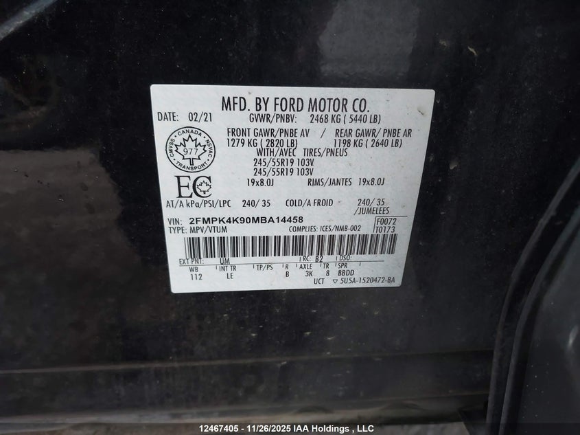 2FMPK4K90MBA14458 2021 FORD EDGE photo no. 9