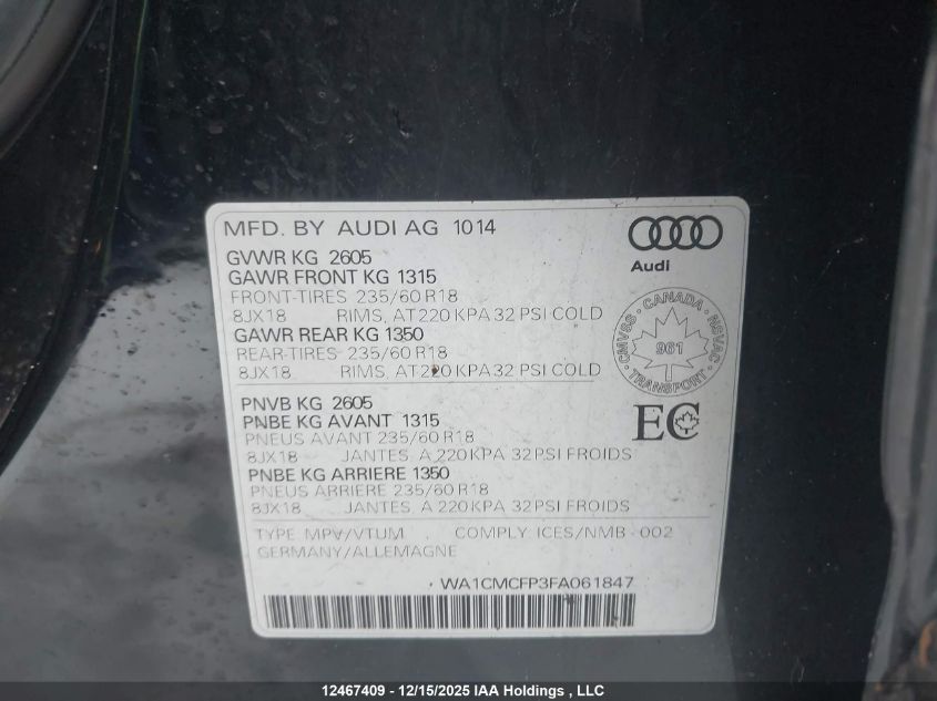 2015 Audi Q5 Tdi/Premium Plus VIN: WA1CMCFP3FA061847 Lot: 12467409