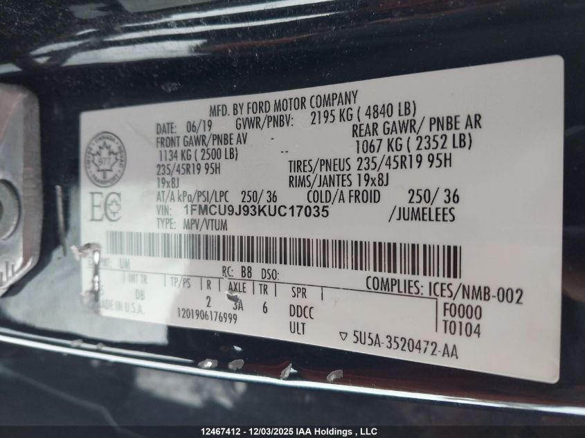 2019 Ford Escape Titanium VIN: 1FMCU9J93KUC17035 Lot: 12467412