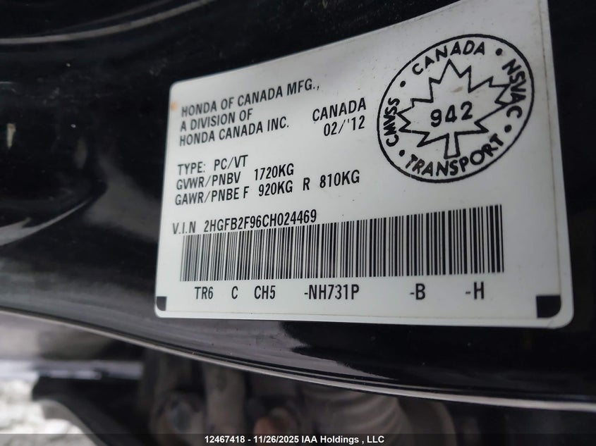 2012 Honda Civic Exl VIN: 2HGFB2F96CH024469 Lot: 12467418