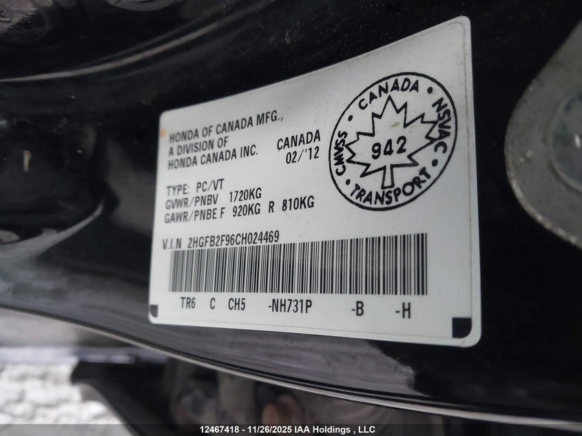 2012 Honda Civic Exl VIN: 2HGFB2F96CH024469 Lot: 12467418