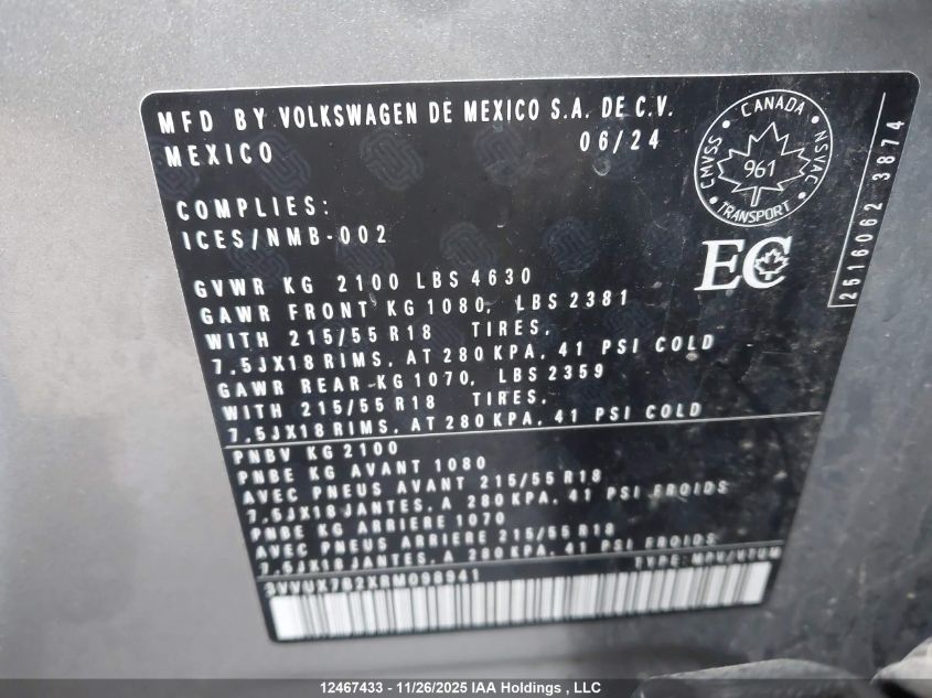 2024 Volkswagen Taos Se VIN: 3VVUX7B2XRM098941 Lot: 12467433