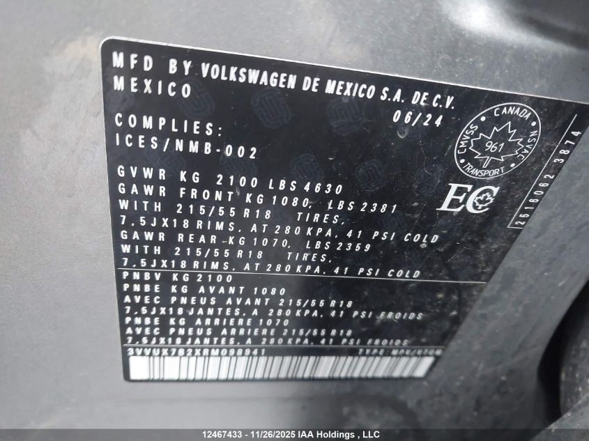 2024 Volkswagen Taos Se VIN: 3VVUX7B2XRM098941 Lot: 12467433