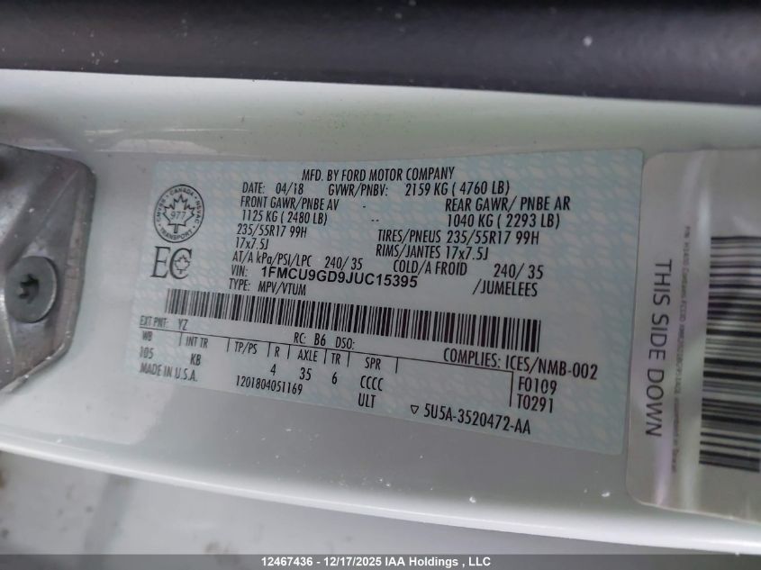 2018 Ford Escape Se VIN: 1FMCU9GD9JUC15395 Lot: 12467436