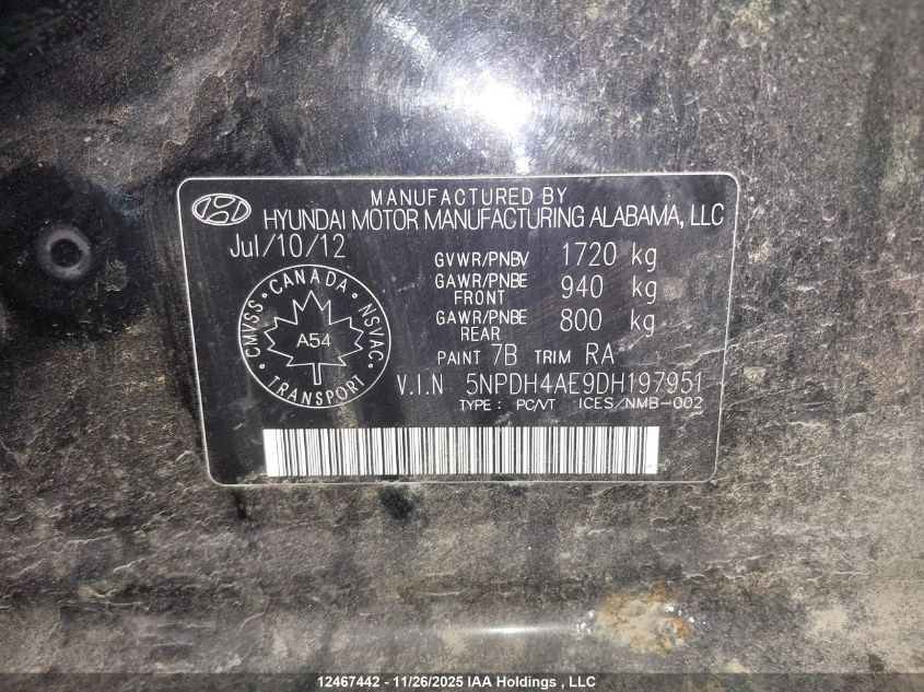 2013 Hyundai Elantra Gls/Limited VIN: 5NPDH4AE9DH197951 Lot: 12467442