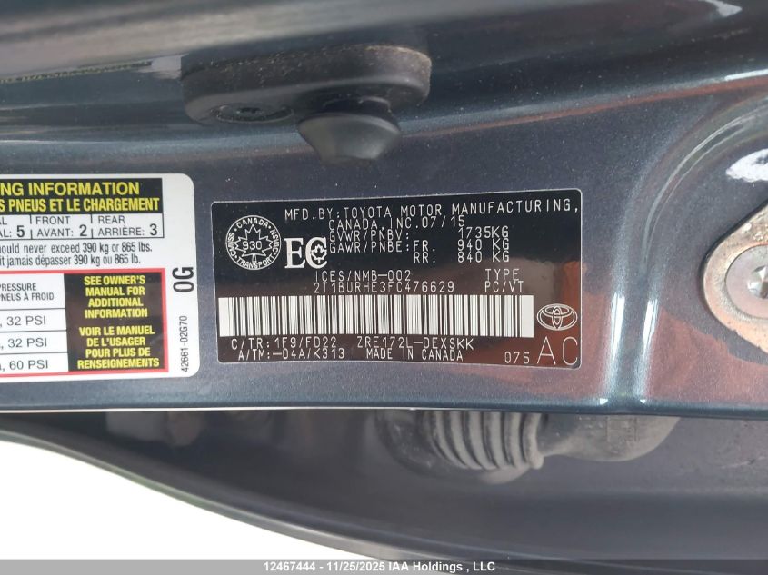 2015 Toyota Corolla S VIN: 2T1BURHE3FC476629 Lot: 12467444