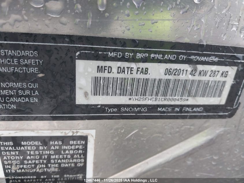 2012 Skidoo Rotax 600 VIN: YH2SFHCB1CR000459 Lot: 12467446