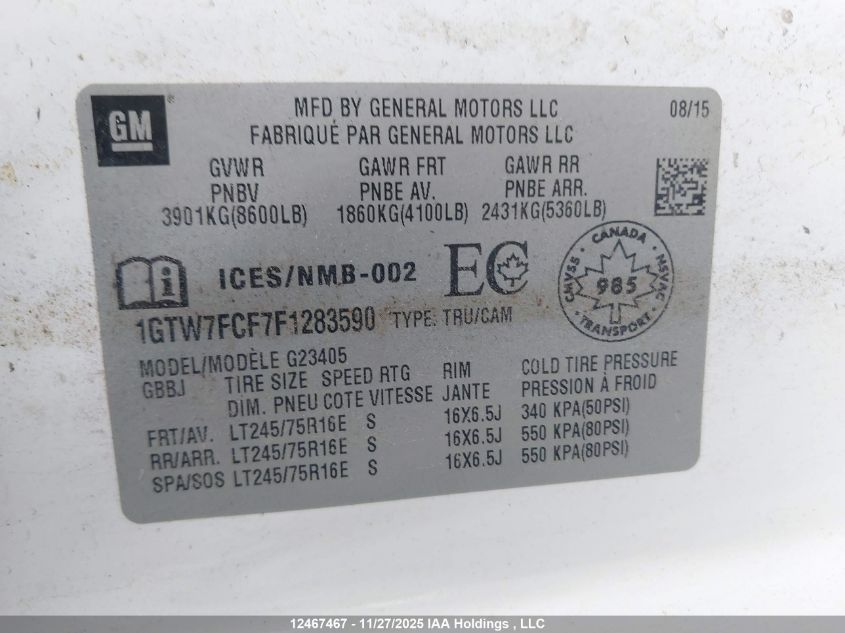 2015 GMC Savana VIN: 1GTW7FCF7F1283590 Lot: 12467467