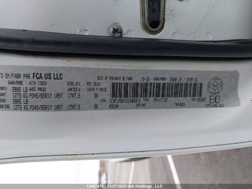 2019 Jeep Cherokee VIN: 1C4PJMBX1KD468313 Lot: 12467476