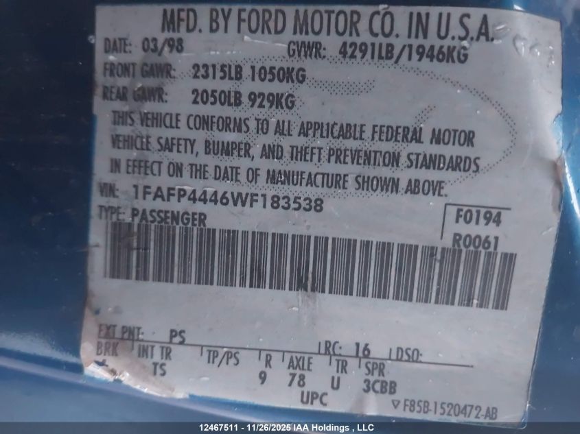 1998 Ford Mustang Convertible VIN: 1FAFP4446WF183538 Lot: 12467511