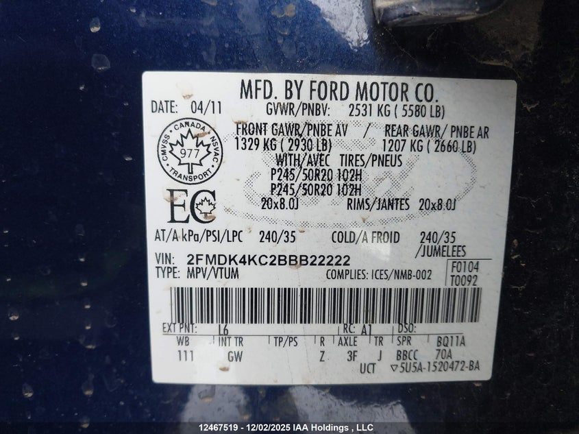 2FMDK4KC2BBB22222 2011 FORD EDGE photo no. 9
