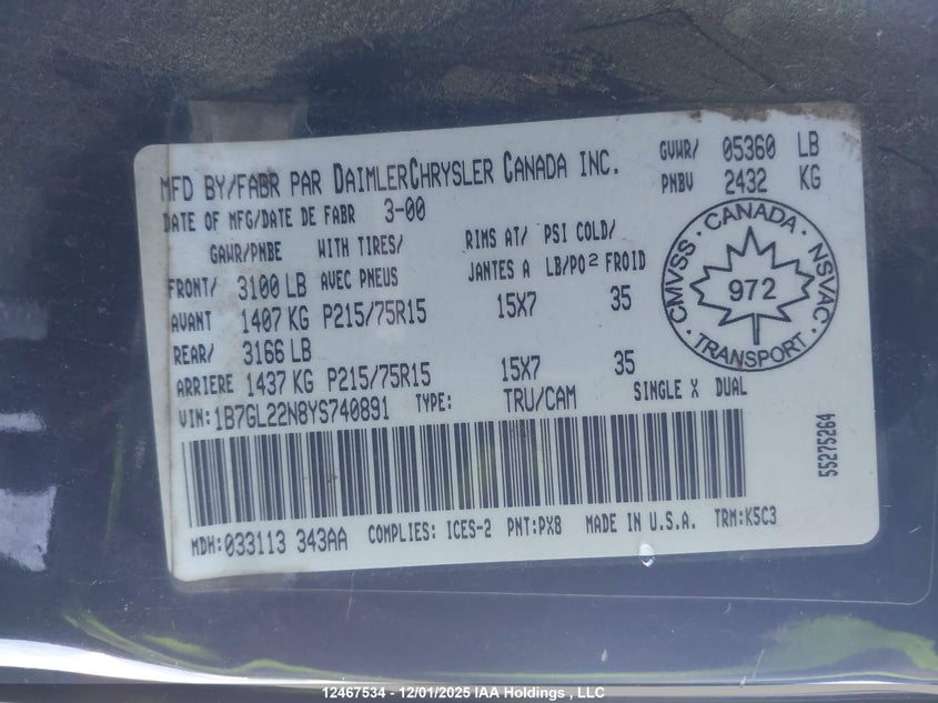 1B7GL22N8YS740891 2000 DODGE DAKOTA photo no. 9