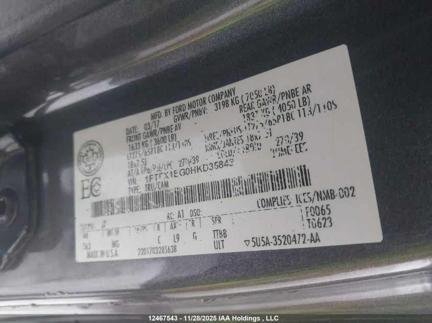 2017 Ford F150 Super Cab VIN: 1FTFX1EG0HKD35843 Lot: 12467543