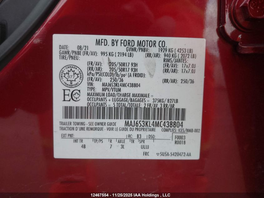 2021 Ford Ecosport Titanium VIN: MAJ6S3KL4MC438804 Lot: 12467554