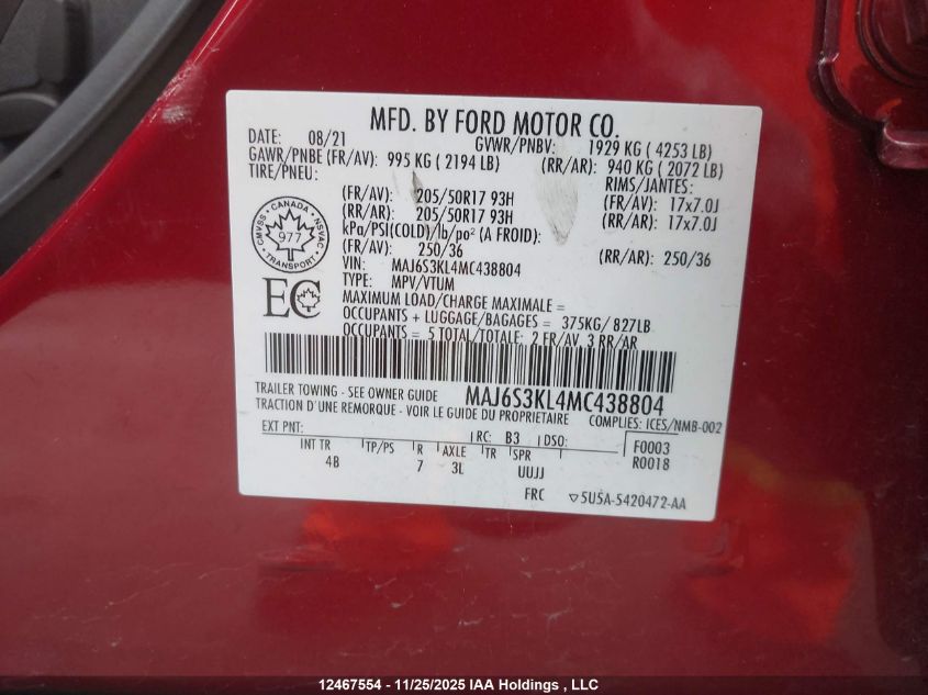 2021 Ford Ecosport Titanium VIN: MAJ6S3KL4MC438804 Lot: 12467554