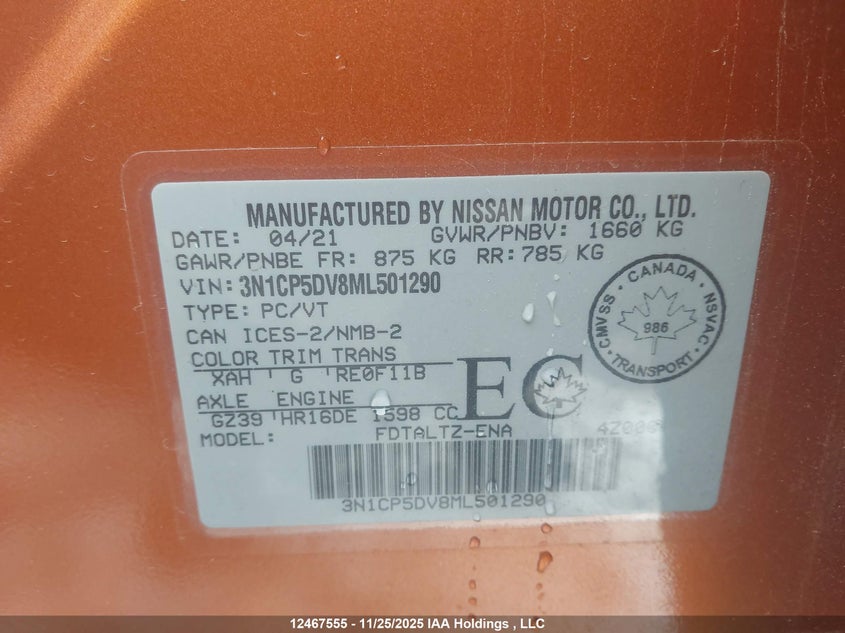 2021 Nissan Kicks Sr VIN: 3N1CP5DV8ML501290 Lot: 12467555