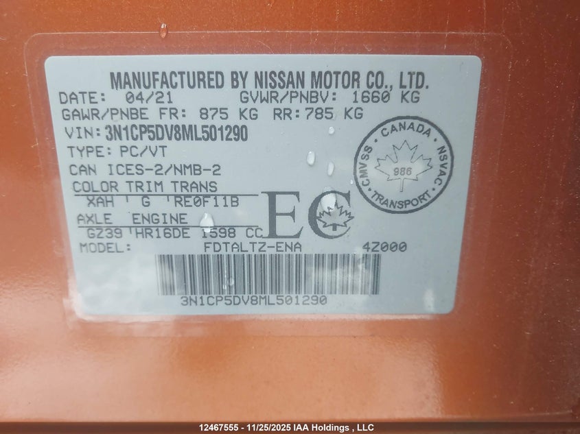 2021 Nissan Kicks Sr VIN: 3N1CP5DV8ML501290 Lot: 12467555