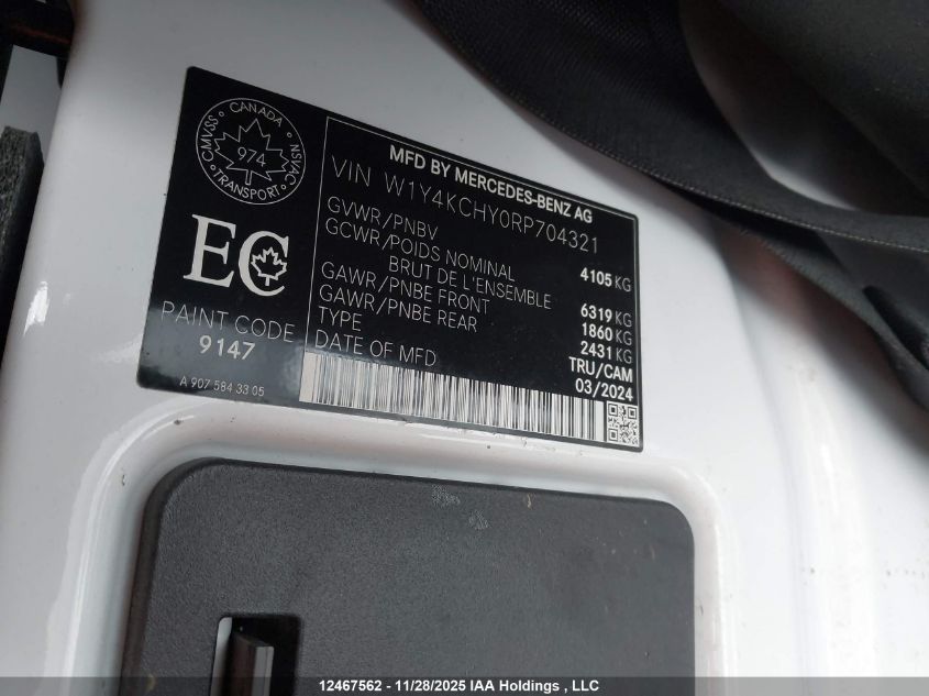 2024 Mercedes-Benz Sprinter 2500 VIN: W1Y4KCHY0RP704321 Lot: 12467562