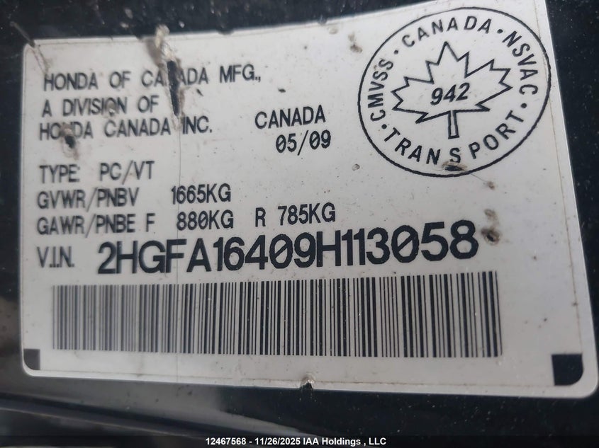 2HGFA16409H113058 2009 HONDA CIVIC photo no. 9
