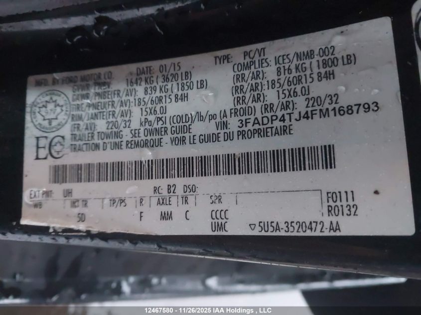 2015 Ford Fiesta VIN: 3FADP4TJ4FM168793 Lot: 12467580