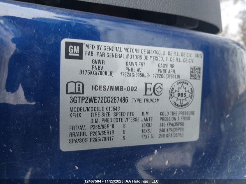 2012 GMC Sierra 1500 Slt VIN: 3GTP2WE72CG287486 Lot: 12467584