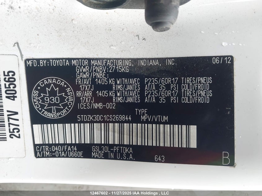 5TDZK3DC1CS269844 2012 TOYOTA SIENNA photo no. 9