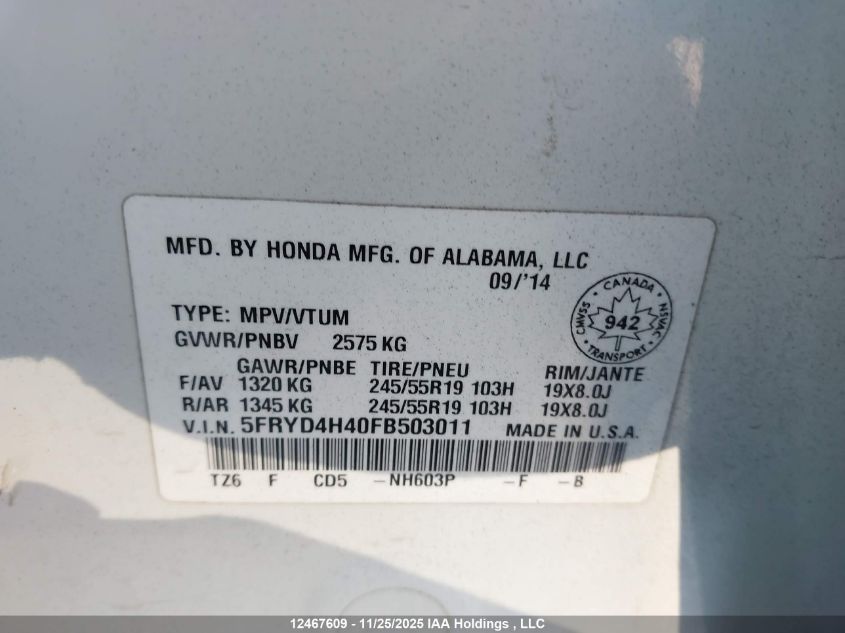 2015 Acura Mdx Technology VIN: 5FRYD4H40FB503011 Lot: 12467609