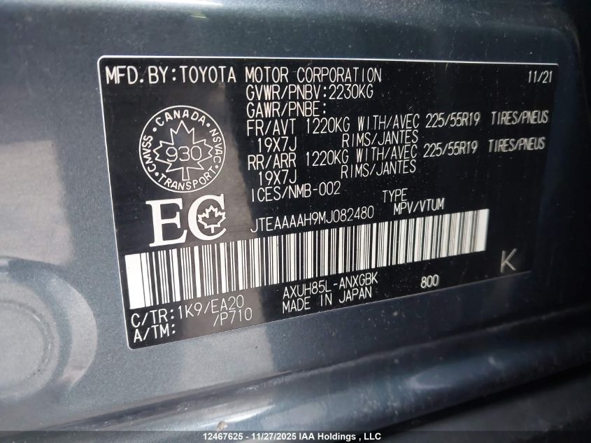 2021 Toyota Venza Xle VIN: JTEAAAAH9MJ082480 Lot: 12467625