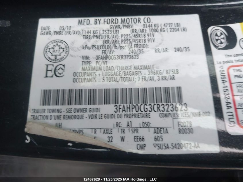 2012 Ford Fusion Sel VIN: 3FAHP0CG3CR323623 Lot: 12467629