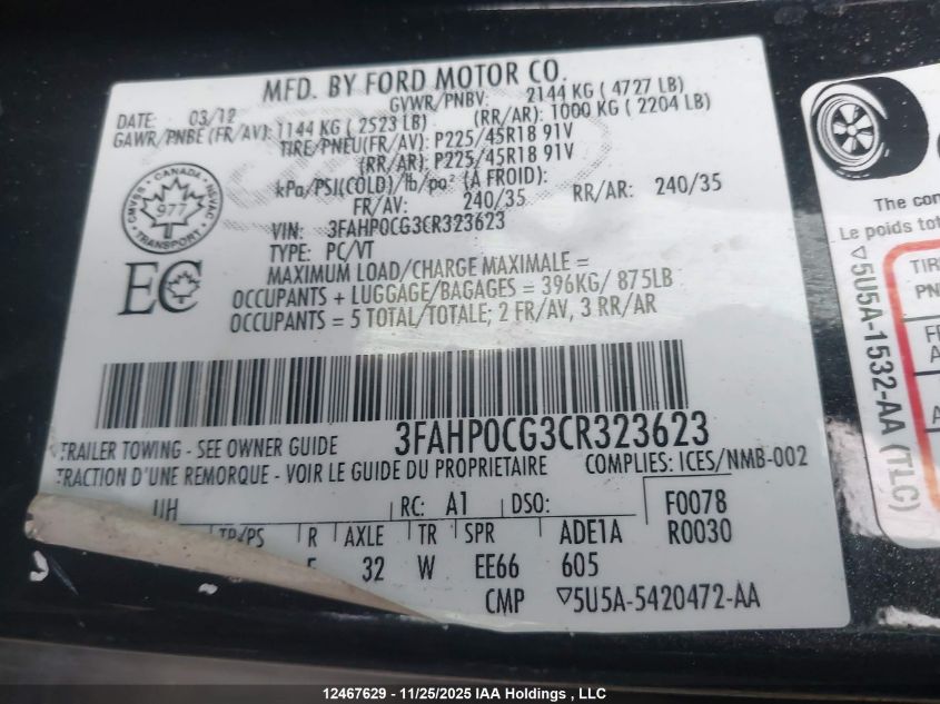 2012 Ford Fusion Sel VIN: 3FAHP0CG3CR323623 Lot: 12467629