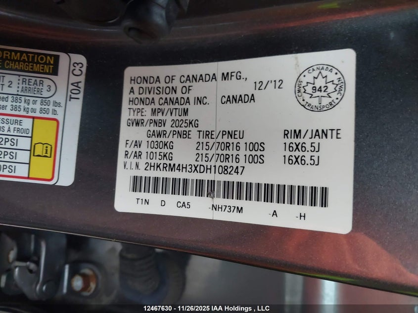 2013 Honda Cr-V Lx VIN: 2HKRM4H3XDH108247 Lot: 12467630