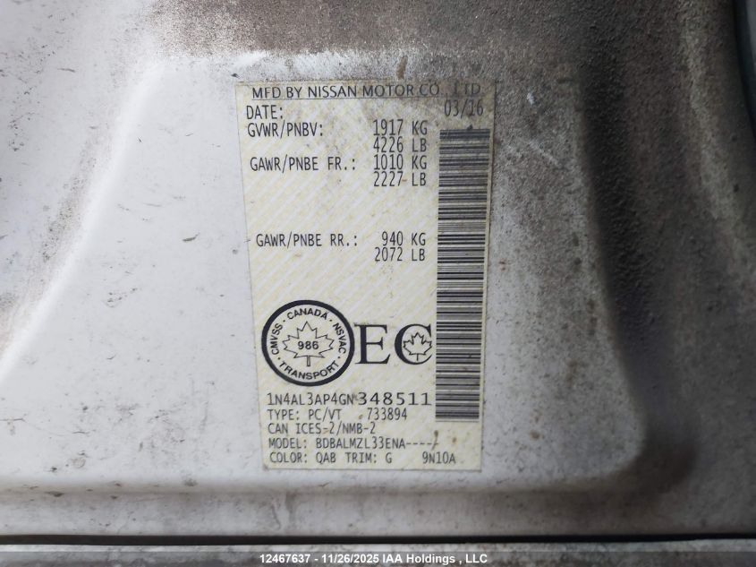 2016 Nissan Altima VIN: 1N4AL3AP4GN348511 Lot: 12467637