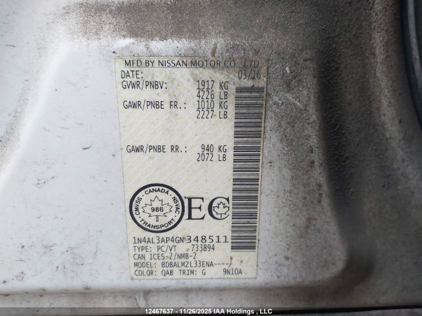 2016 Nissan Altima VIN: 1N4AL3AP4GN348511 Lot: 12467637