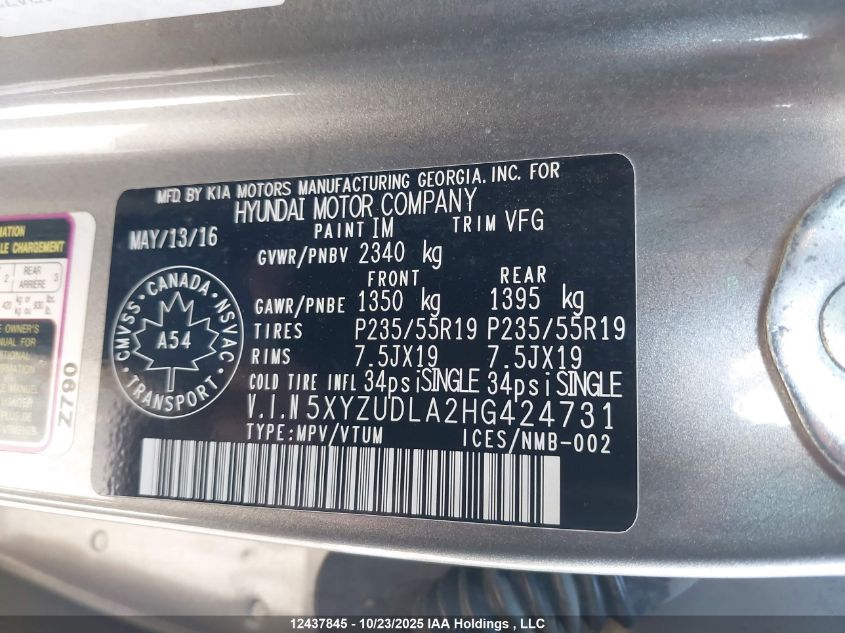 2017 Hyundai Santa Fe Sport 2.0T Limited VIN: 5XYZUDLA2HG424731 Lot: 12437845X