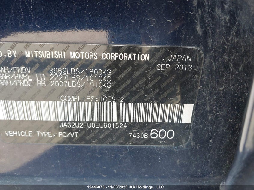 2014 Mitsubishi Lancer Se VIN: JA32U2FU0EU601524 Lot: 12446075X