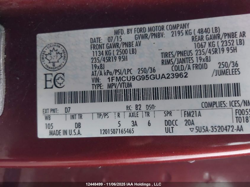 2016 Ford Escape Se VIN: 1FMCU9G95GUA23962 Lot: 12448499X