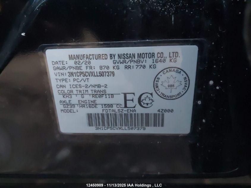 2020 Nissan Kicks Sv VIN: 3N1CP5CVXLL507379 Lot: 12450989X