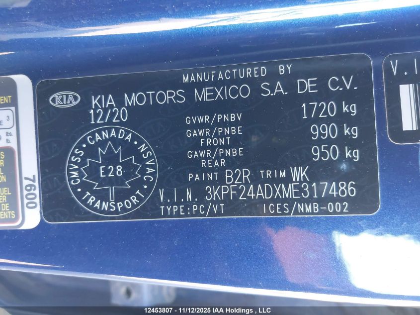 2021 Kia Forte Lx VIN: 3KPF24ADXME317486 Lot: 12453807X