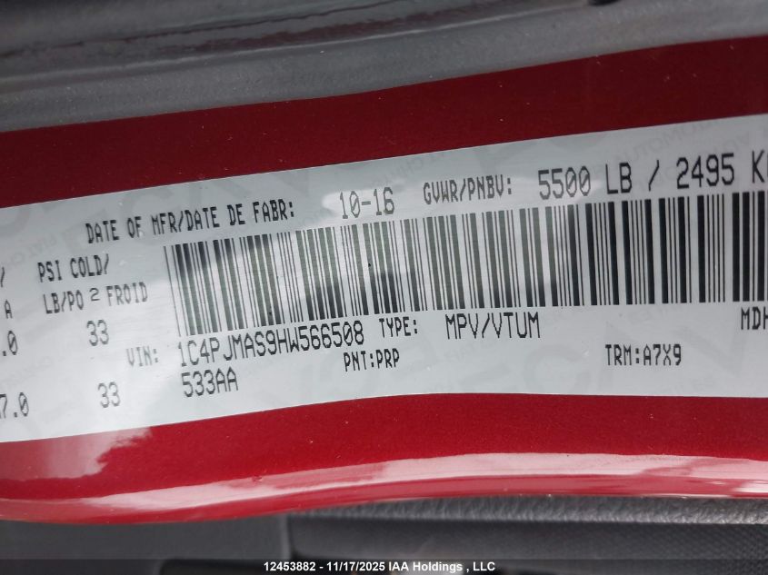 2017 Jeep Cherokee Sport VIN: 1C4PJMAS9HW566508 Lot: 12453882X