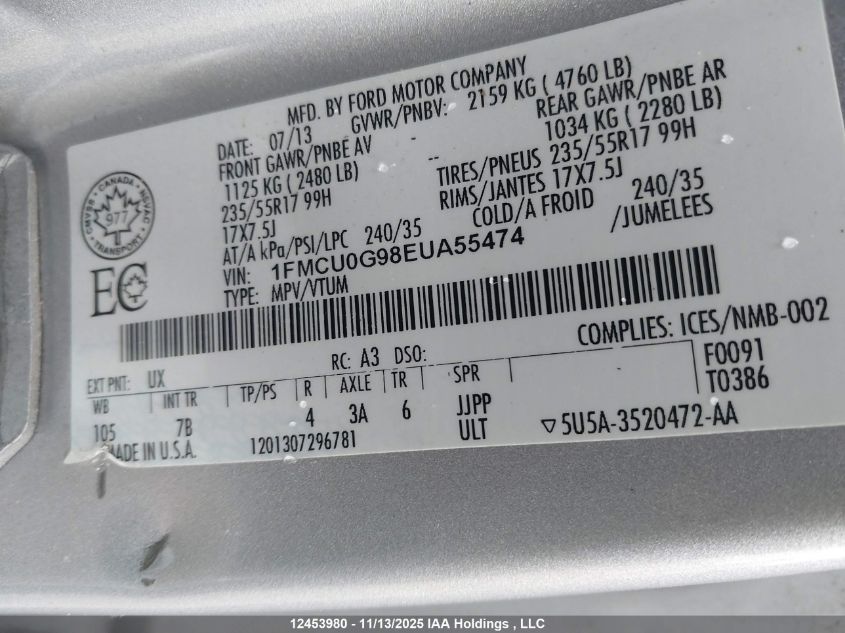 2014 Ford Escape Se VIN: 1FMCU0G98EUA55474 Lot: 12453980X