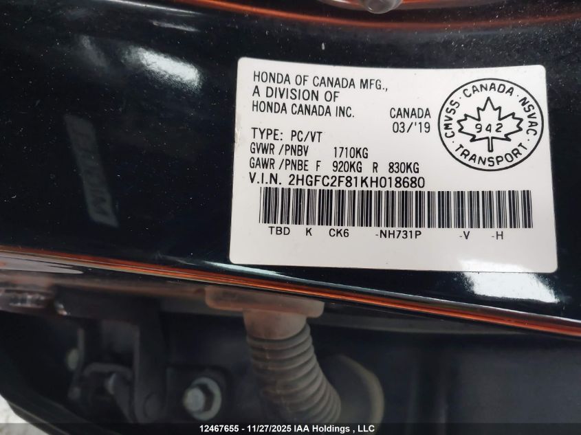 2019 Honda Civic VIN: 2HGFC2F81KH018680 Lot: 12467655