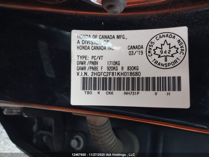 2019 Honda Civic VIN: 2HGFC2F81KH018680 Lot: 12467655