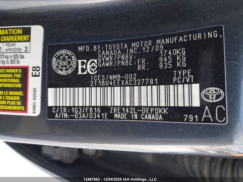 2010 Toyota Corolla S/Le/Xle VIN: 2T1BU4EEXAC327781 Lot: 12467662