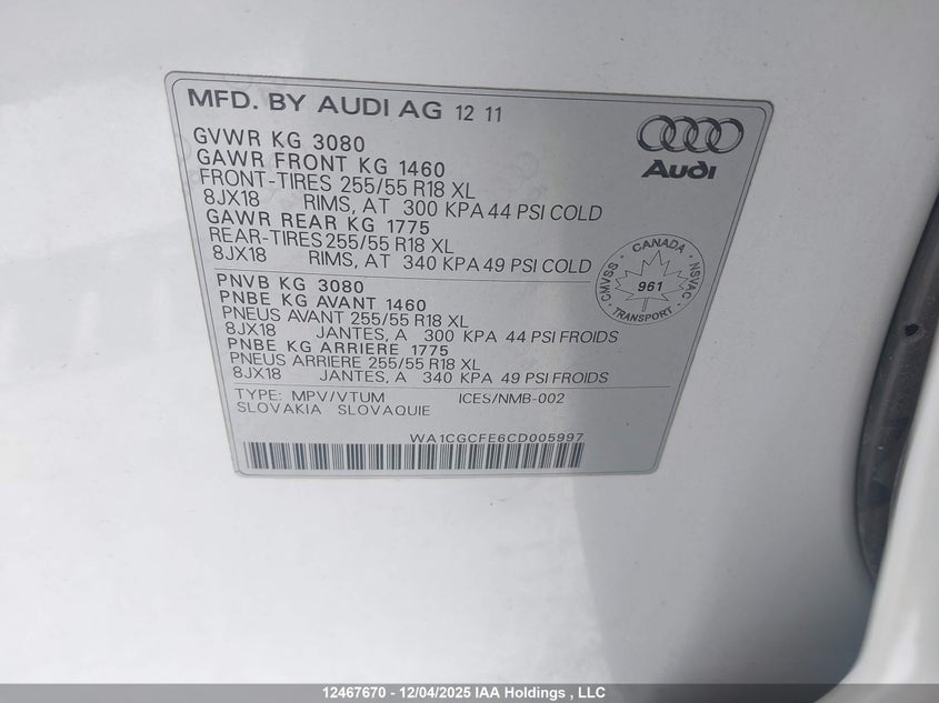 WA1CGCFE6CD005997 2012 AUDI Q7 photo no. 9