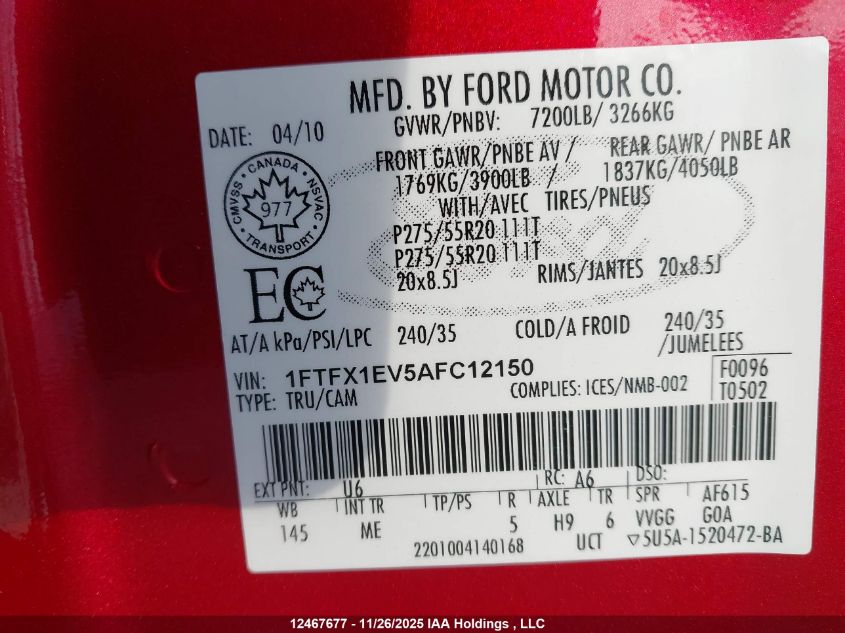 2010 Ford F-150 Fx4/Lariat/Svt Raptor/Xl/Xlt VIN: 1FTFX1EV5AFC12150 Lot: 12467677