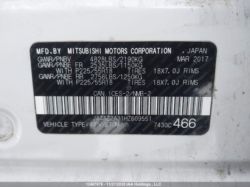 2017 Mitsubishi Outlander Es VIN: JA4AZ2A31HZ609551 Lot: 12467679