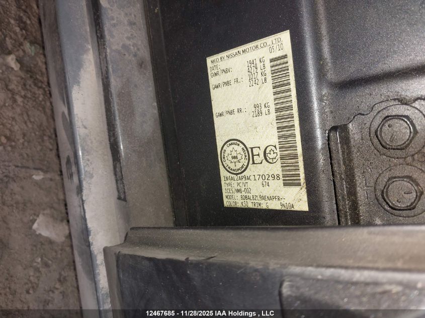2010 Nissan Altima 2.5 S VIN: 1N4AL2AP9AC170298 Lot: 12467685