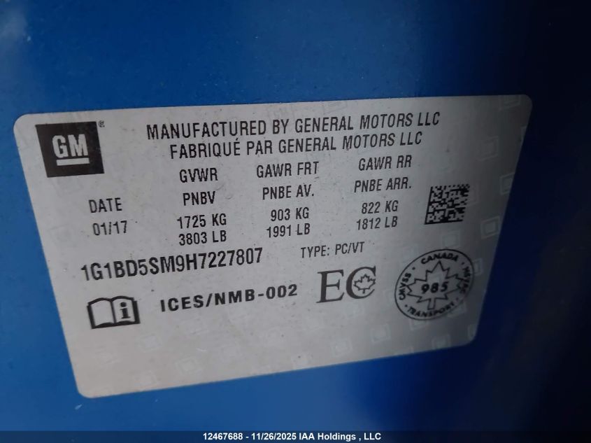2017 Chevrolet Cruze VIN: 1G1BD5SM9H7227807 Lot: 12467688